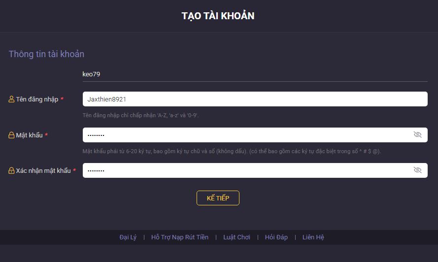 nhap thong tin tao tai khoan vegas79